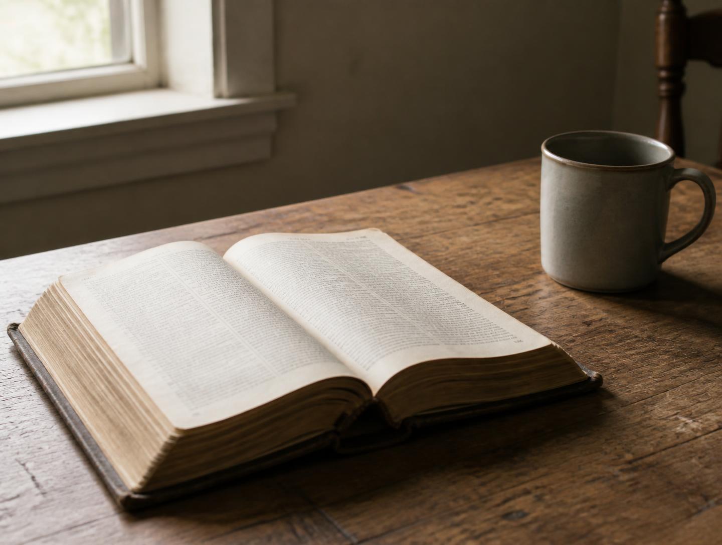 An open Bible on a wooden table beside a coffee mug