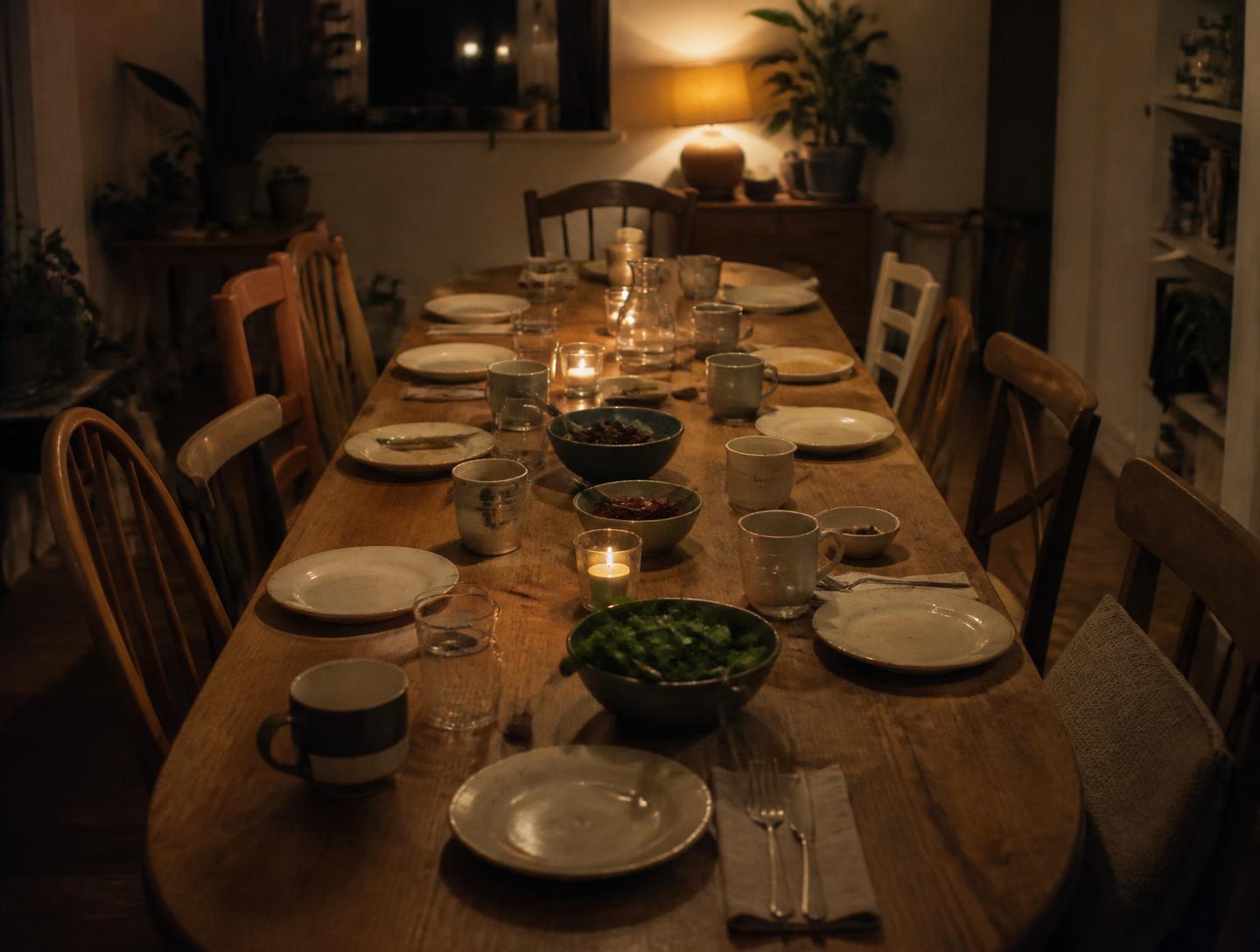A long table set for a shared meal in a home